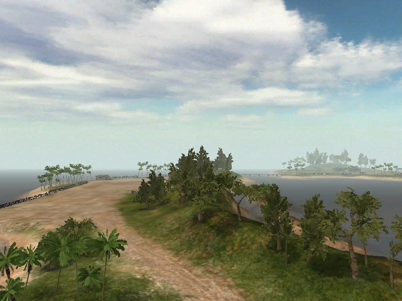 Battlefield Vietnam in-game view of Operation Flaming Dart: tropical ridge, beach, palm trees, and distant islands under a cloudy sky