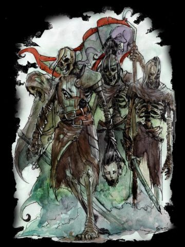 Dark fantasy illustration: four armored skeleton warriors with swords, banner, and misty green-grey wash — art the AUK clan used
