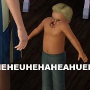 Meme image: glitched Sims-style child with distorted face; white caption text HEHEUHEHAHEAHUEH — in-joke art Cynder's Fun Haus used