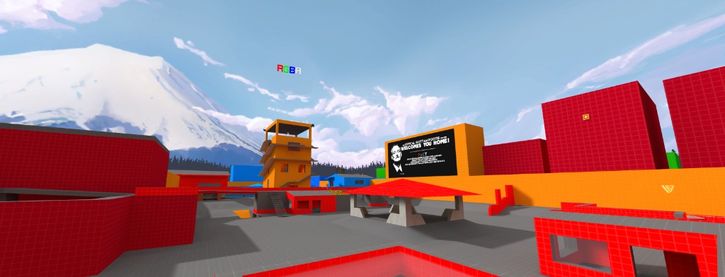 GottamPootis orange map during the rgba era — red and orange structures, a welcome-home billboard, and the rgba name floating above spawn