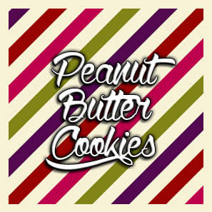 Peanut Butter Cookies logo: white script lettering with black outline and soft drop shadow over cream with red, purple, and green diagonal stripes