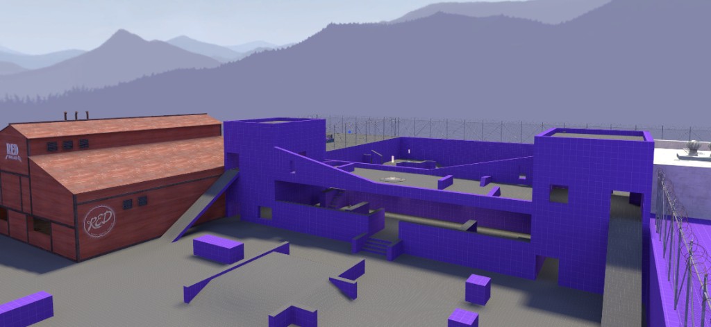 Team Fortress 2 in-game view of the Purple map: purple dev-texture towers and walkways beside a RED team barn, grey courtyard, distant hazy mountains