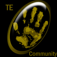 Original Team Edition Community logo: gold TE and Community lettering on black, glossy oval frame around a textured yellow handprint